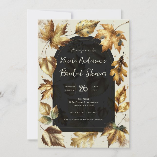Invitation Feuilles dorées Amande Beige Noir Tomber Mariage (Devant)