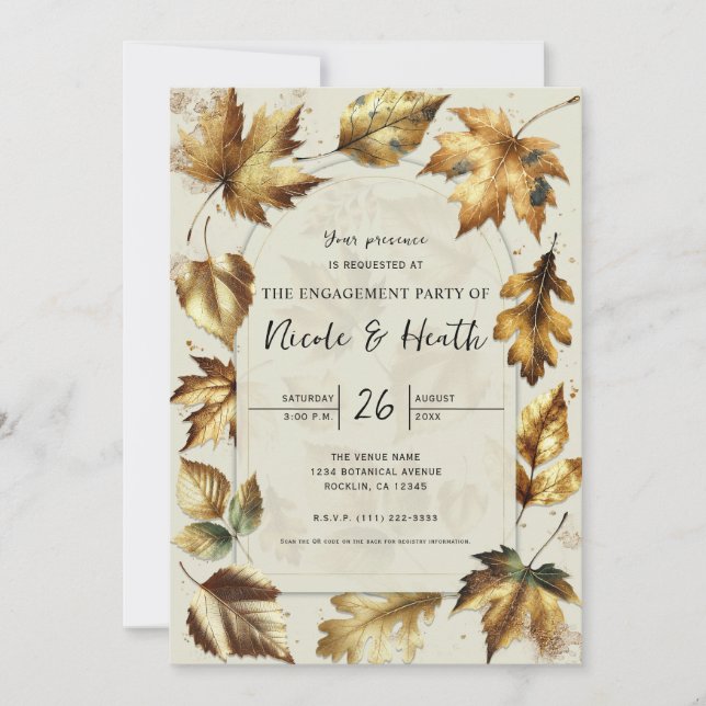 Invitation Feuilles dorées Beige Automne Fiançailles (Devant)