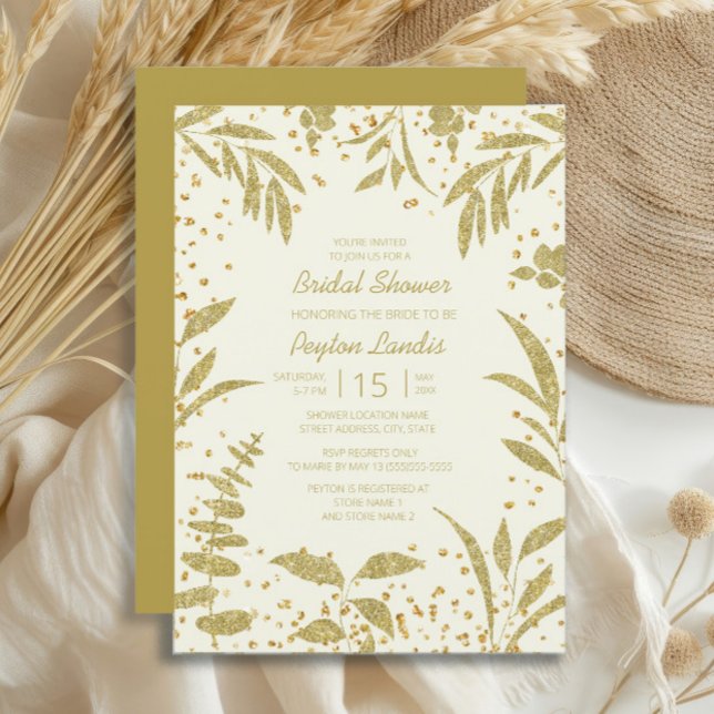 Invitation Feuilles dorées élégantes Brillant Crème Enterreme (Gold leaves on cream-colored bridal shower invitation)
