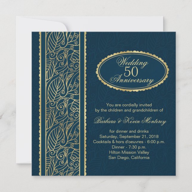 Invitation Feuilles dorées pour 50e anniversaire de mariage b (Devant)