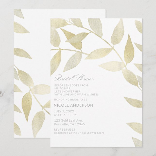 Invitation Feuilles dorées rustiques modernes pour Baby Showe (Devant / Derrière)