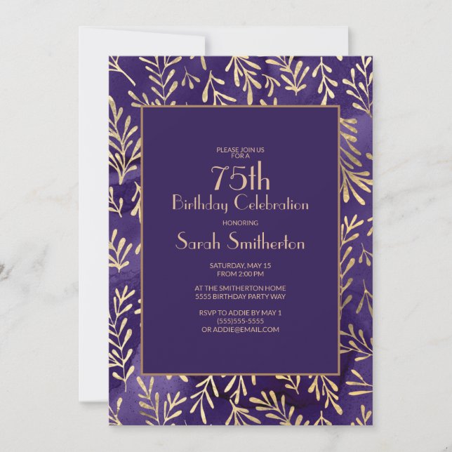 Invitation Feuilles dorées violettes élégantes pour 75e anniv (Devant)