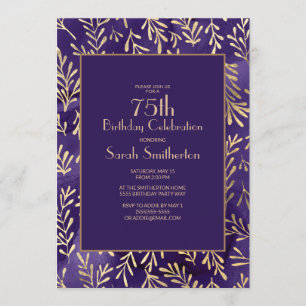 Invitation Feuilles dorées violettes élégantes pour 75e anniv