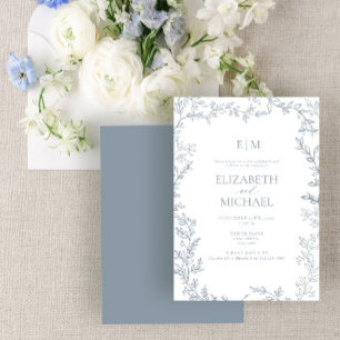 Invitation Feuilles Dusty Blue Monogram Mariage Brunch