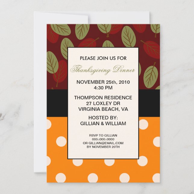 Invitation Feuilles en Dots Dîner d'Action de Grâce Invitatio (Devant)