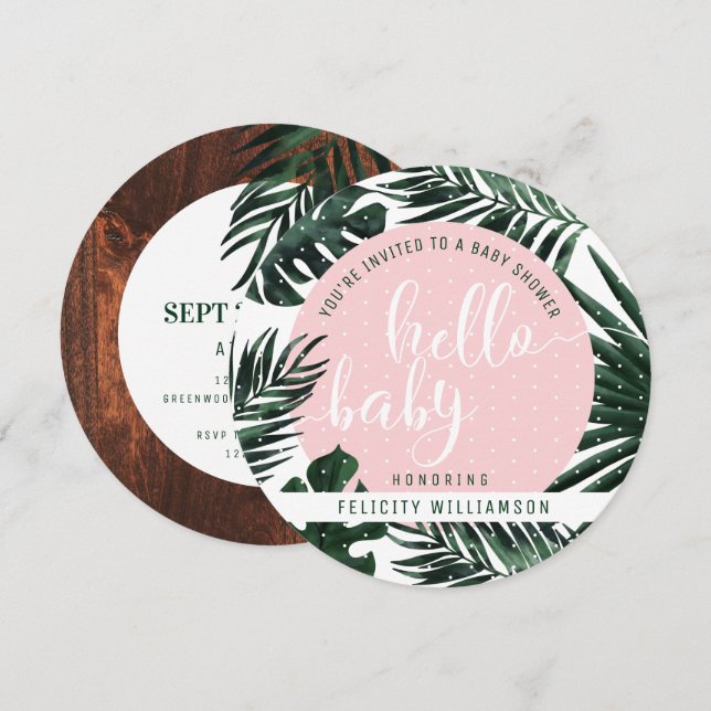 Invitation Feuilles et Baby shower de fille en bois tropicale (Devant / Derrière)