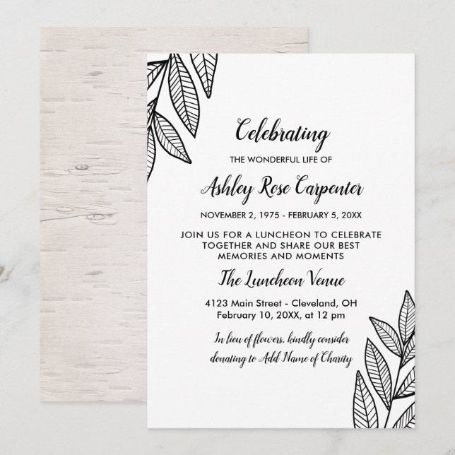 Invitation Feuilles et calligraphie Célébration de la vie (Devant / Derrière)
