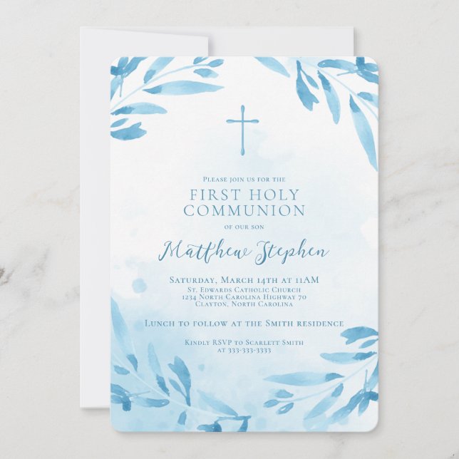 Invitation Feuilles et croix de couleur bleu communion (Devant)