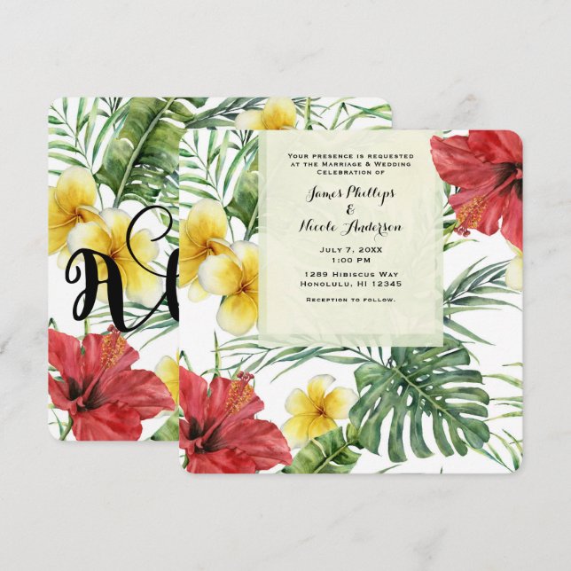 Invitation Feuilles et Fleurs de Botanique Tropicale Florale  (Devant / Derrière)