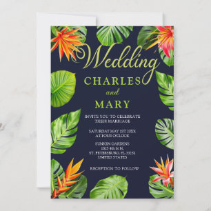 Invitation Feuilles et Fleurs Tropicales Mariage Rétro