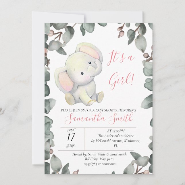Invitation Feuilles Eucalyptus Baby shower fille (Devant)