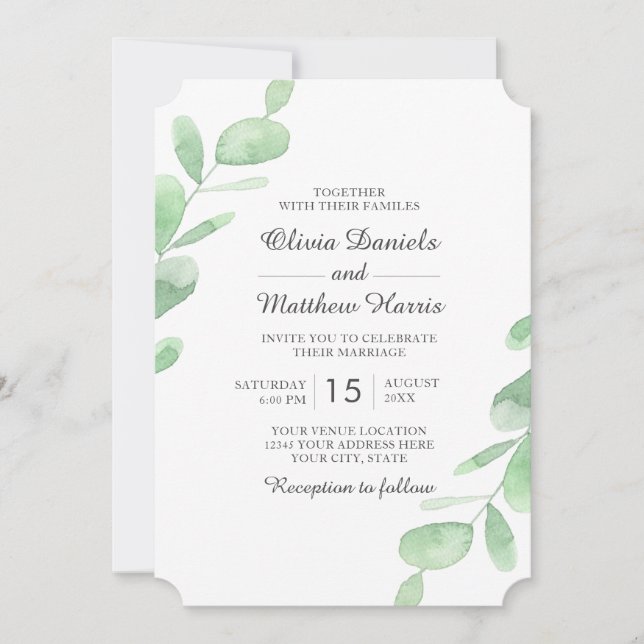 Invitation Feuilles eucalyptus. Mariage simple Woodland (Devant)