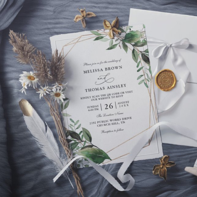 Invitation Feuilles Eucalyptus Or Budget Code QR Mariage (Créateur téléchargé)