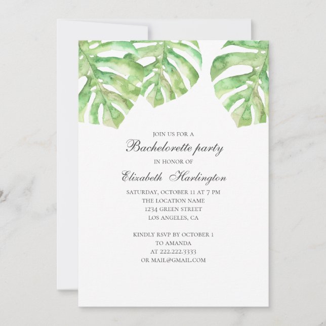 Invitation Feuilles exotiques d'été. Bachelorette tropicale (Devant)