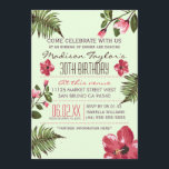 Invitation Feuilles exotiques et palmiers tropicaux du 30e pa<br><div class="desc">Hibiscus exotiques et palmiers tropicaux Feuilles 30e anniversaire Invitations de fête. Cette invitation estivale,  colorée et extravertie à la fête d'anniversaire est de couleur vert pastel avec des fleurs d'hibiscus roses profondes et vives et des frondes de palmiers vert foncé.</div>