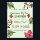 Invitation Feuilles exotiques et palmiers tropicaux du 60e pa<br><div class="desc">Hibiscus exotiques et palmiers tropicaux Feuilles 60e anniversaire Invitations de fête. Cette invitation estivale,  colorée et extravertie à la fête d'anniversaire est de couleur vert pastel avec des fleurs d'hibiscus roses profondes et vives et des frondes de palmiers vert foncé.</div>