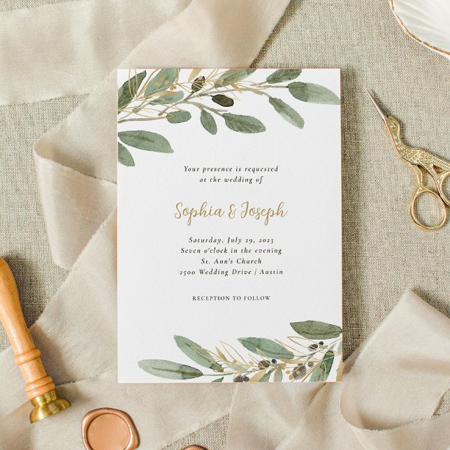 Invitation Feuilles Faux Gold et Olive | MARIAGE (Créateur téléchargé)