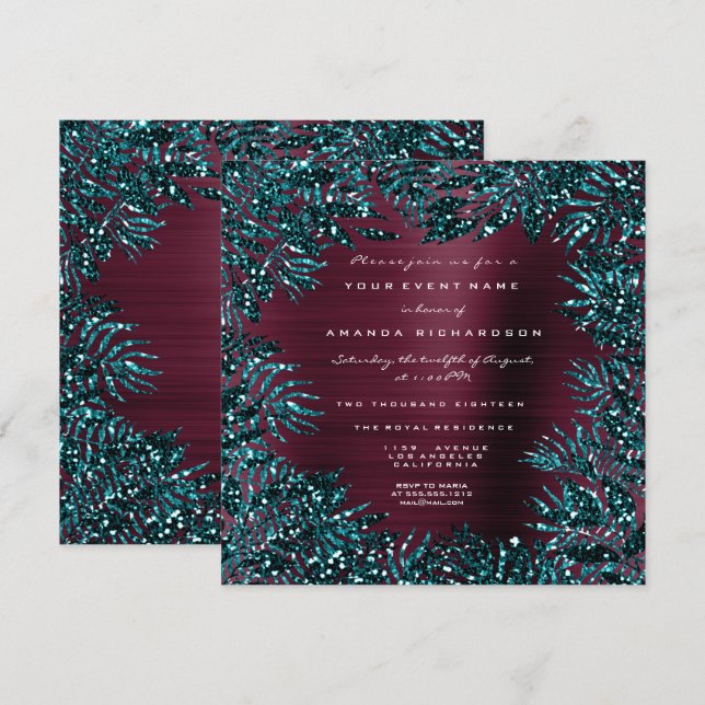 Invitation Feuilles Florales Tropicales Cadre Pailleté Teal B (Devant / Derrière)