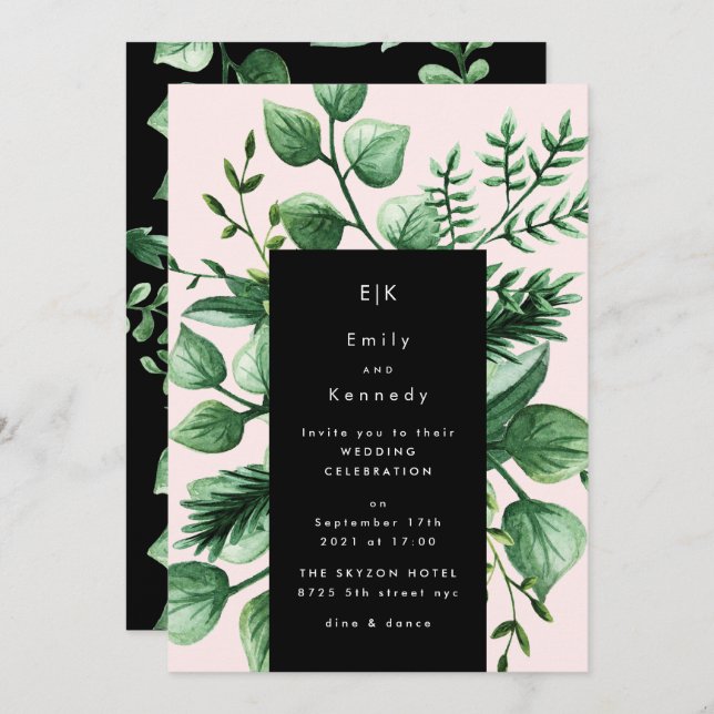 Invitation Feuilles fraîches de verdure Mariage rose noir mod (Devant / Derrière)