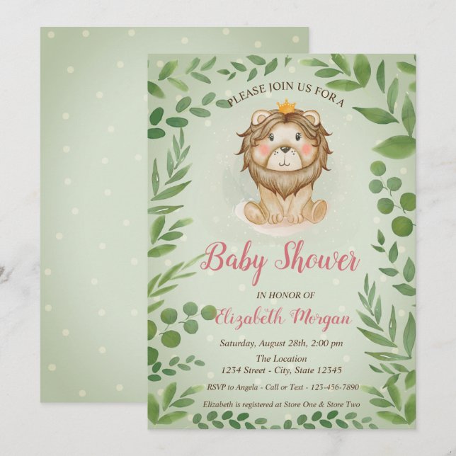 Invitation Feuilles Lion mignons, Baby shower Points Bleus (Devant / Derrière)