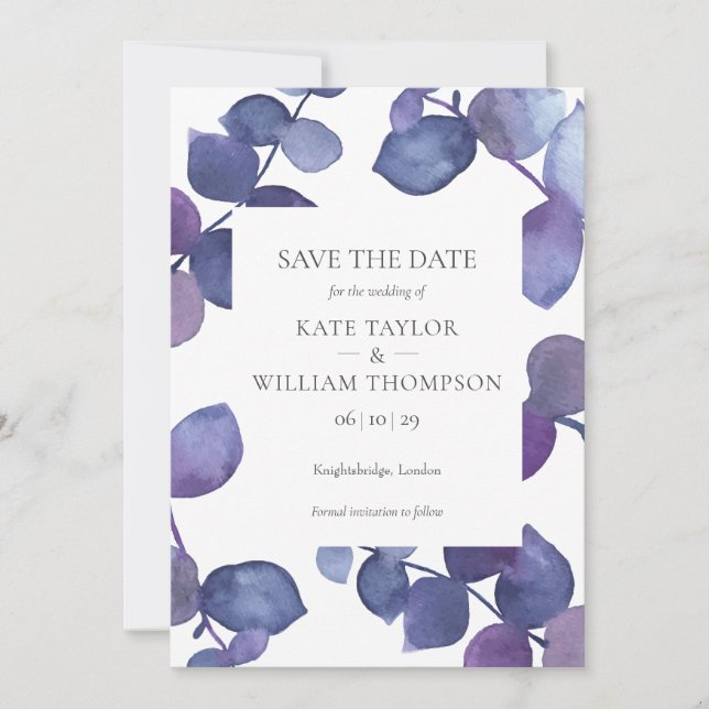 Invitation Feuilles modernes d'Eucalyptus violet Enregistrer  (Devant)