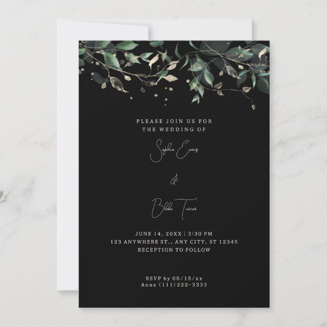 Invitation Feuilles modernes et vignes Mariage noir (Devant)