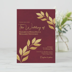 Invitation Feuilles nostalgiques Élégant mariage bordeaux et