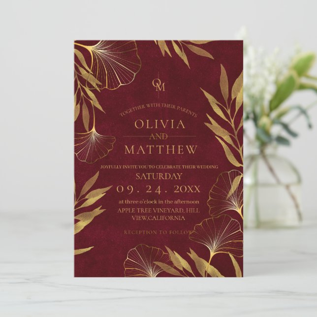Invitation Feuilles or / Mariage or et bourgogne (Debout devant)