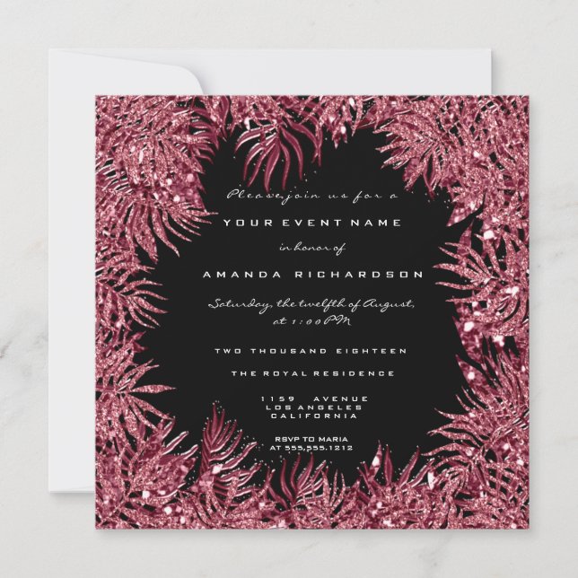 Invitation Feuilles Red Bean Fern Cadre Métallurique Noir Ros (Devant)