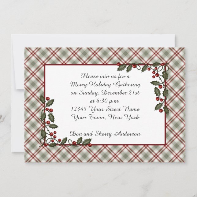 Invitation Feuilles Red Green Plaid Holly Berries (Devant)