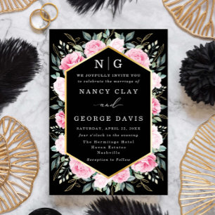 Invitation Feuilles rose Floral or noir Monogramme Mariage