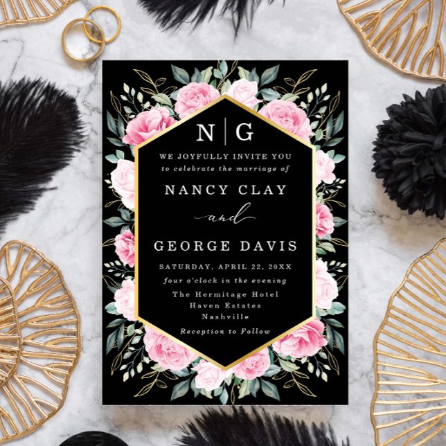 Invitation Feuilles rose Floral or noir Monogramme Mariage (Créateur téléchargé)