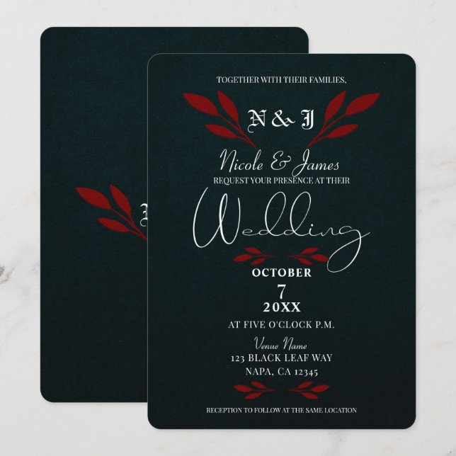 Invitation Feuilles rouges mates Mariage gothique glamour noi (Devant / Derrière)