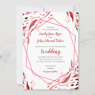 Invitation Feuilles rouges Sangria Mariage de cadre géométriq