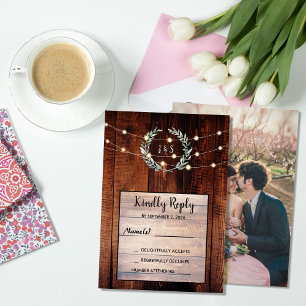 Invitation Feuilles rustiques guirlande lumineuse en bois Mar