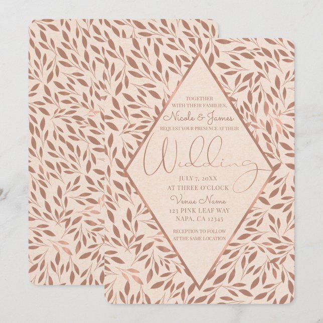 Invitation Feuilles Rustiques Roses Mariage Botanique Glamour (Devant / Derrière)