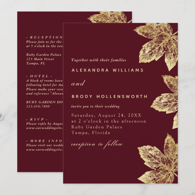 Invitation Feuilles Rustiques Rouges Et Or Tout En Un Mariage (Devant / Derrière)