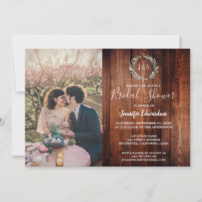 Invitation Feuilles rustiques sur bois monogramme Fête des ma (Devant)