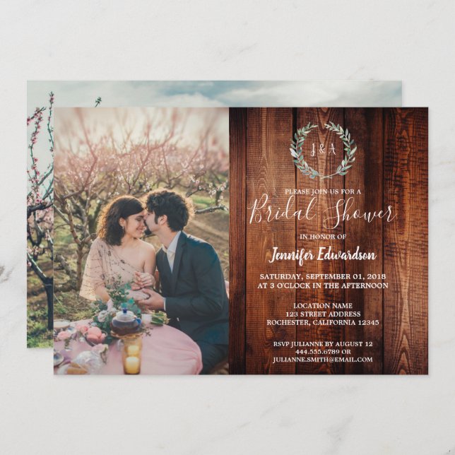 Invitation Feuilles rustiques sur bois monogramme Fête des ma (Devant / Derrière)