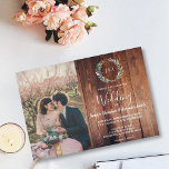 Invitation Feuilles rustiques sur la grange Mariage photo mon<br><div class="desc">Elégant faire-part de mariage botanique monogrammé d'aquarelle avec votre propre photo. Pour un mariage de printemps, d'été, d'automne ou d'hiver. Aquarelle à branche d'olivier verte sur arrière - plan en bois de grange foncé. Vous pouvez facilement ajouter votre propre photo pour la rendre très personnelle et unique, et ajouter votre...</div>