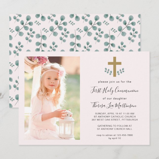 Invitation Feuilles simples avec Croix de la Sainte Communion (Devant / Derrière)