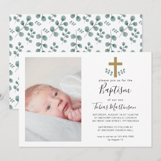 Invitation Feuilles simples de l'eucalyptus avec photo de bap (Devant / Derrière)