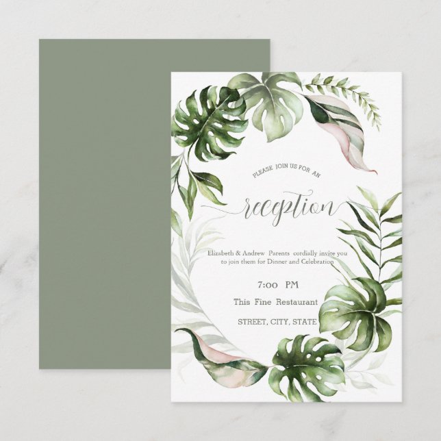 Invitation Feuilles tropicales à l'aquarelle verdure  (Devant / Derrière)