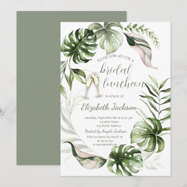 Invitation Feuilles tropicales à l'aquarelle verdure  (Devant / Derrière)