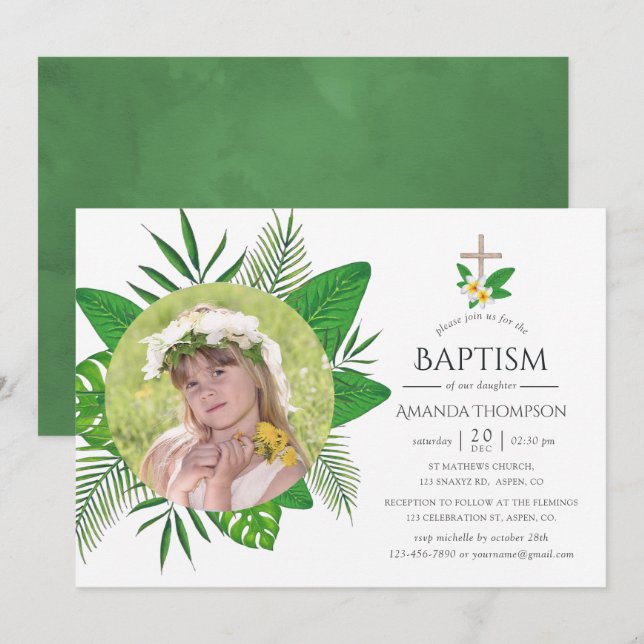 Invitation Feuilles tropicales baptême (Devant / Derrière)