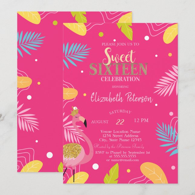Invitation Feuilles Tropicales Flamants Roses Sweet 16  (Devant / Derrière)