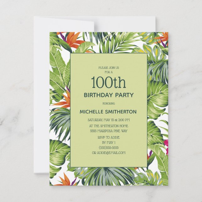 Invitation Feuilles tropicales florales rose orange 100e anni (Devant)