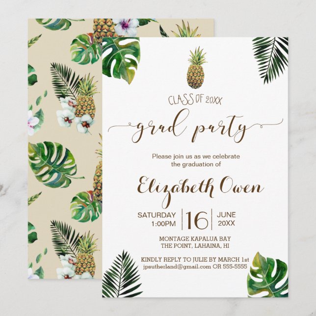 Invitation Feuilles Tropicales Luau de graduation à l'ananas (Devant / Derrière)