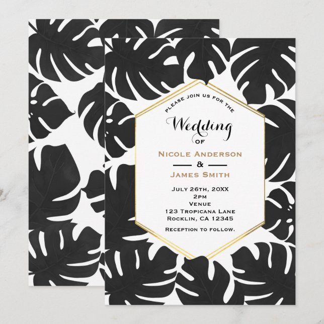 Invitation Feuilles tropicales noires Mariage chic blanc et o (Devant / Derrière)