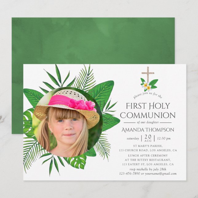 Invitation Feuilles tropicales Première Sainte Communion (Devant / Derrière)
